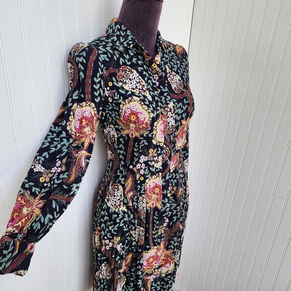 LOFT Black Colorful Floral Long Puff Sleeve Button-Down Sheath Dress Petite 2P - Picture 3 of 14